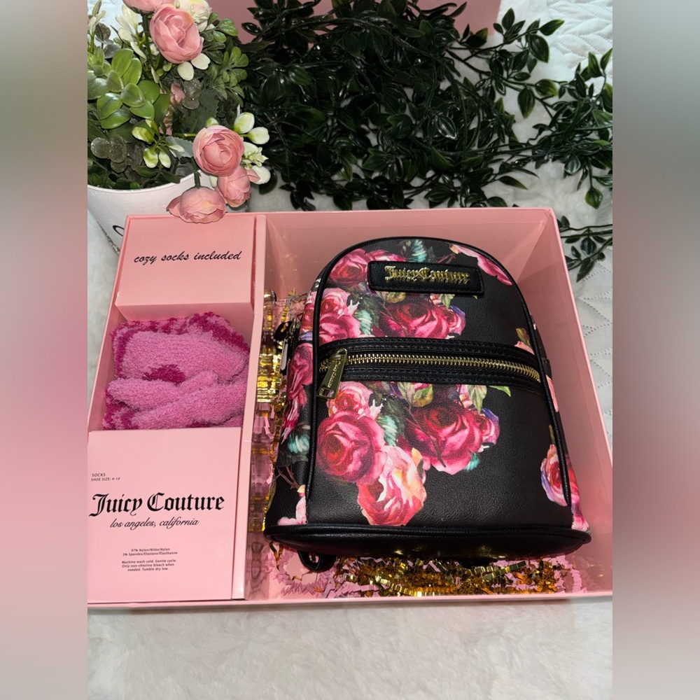 Juicy Couture black pink Floral Backpack purse Fluffy pink Socks Set NWTs .